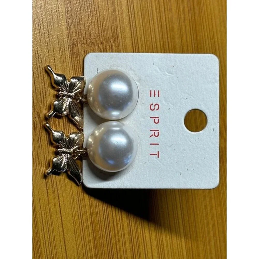 ESPRIT Gold Tone Pearl Stud Earrings Gold Butterfly Dangle Charm Boho New Pair